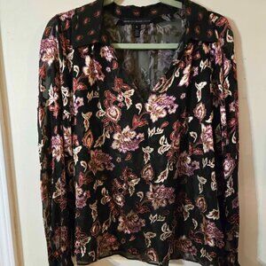 White House Black Market Size Medium Black/Red Sheer Floral Blouse